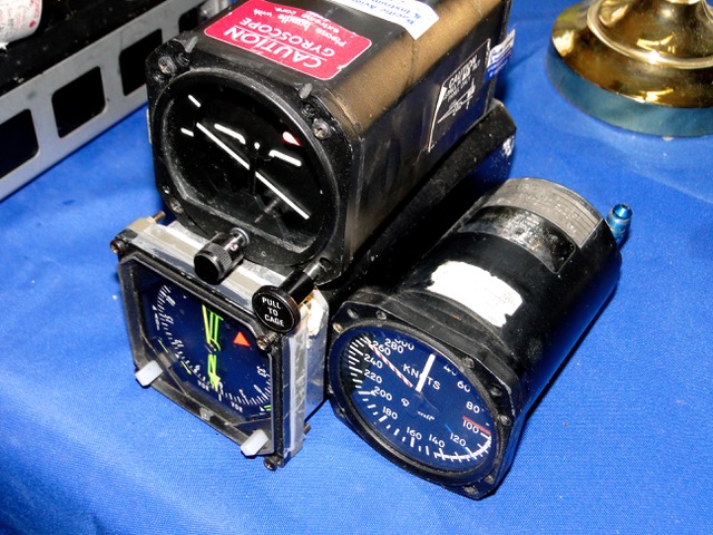 Non-servicable vintage attitude indicator, Beechcraft multi engine airspeed indicator with barber pole, magnetic radio indicator (RMI) navigation instrumen