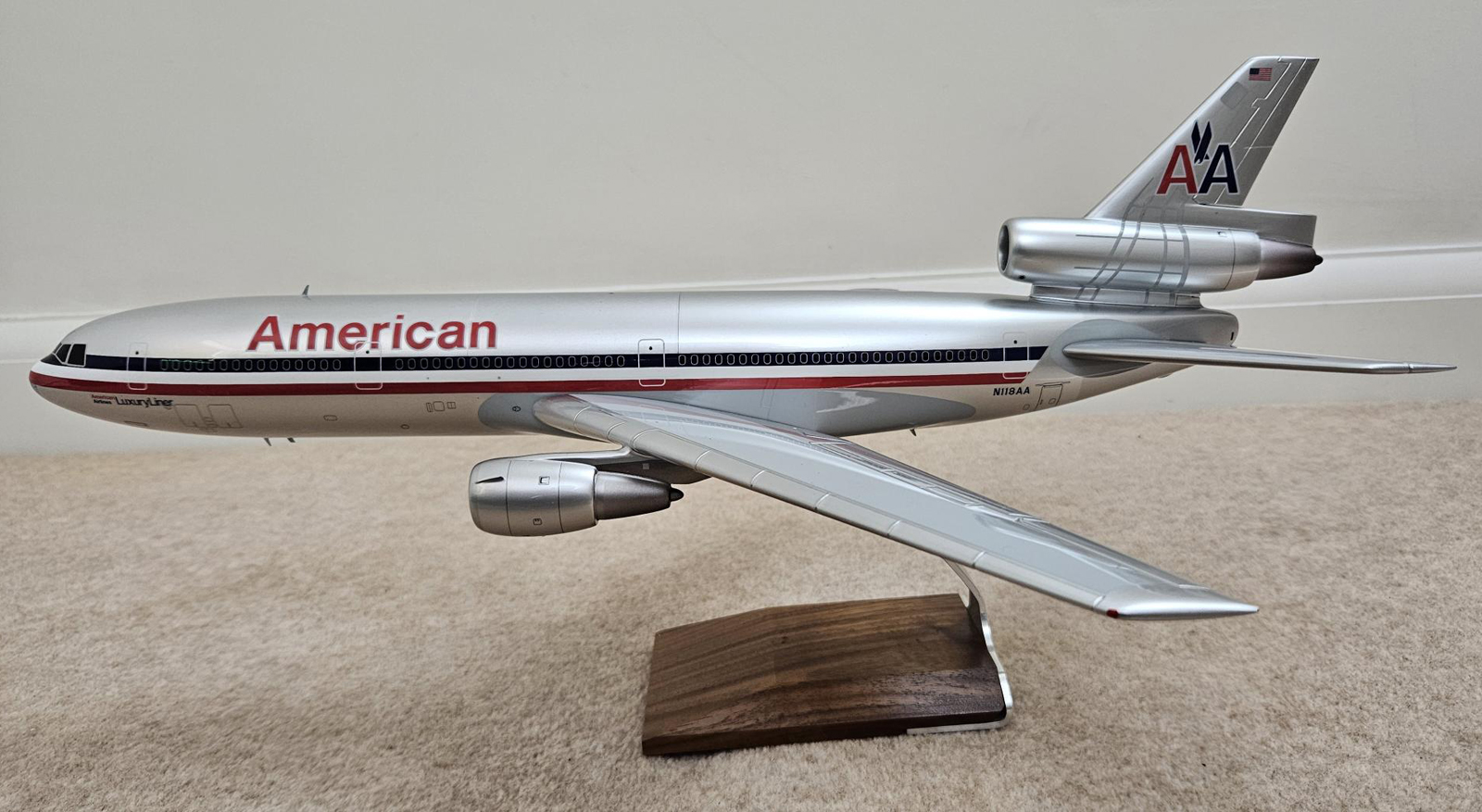 Detailed custom 1/100 American Airlines DC-10 model using a pacmin blank. Model for sale.